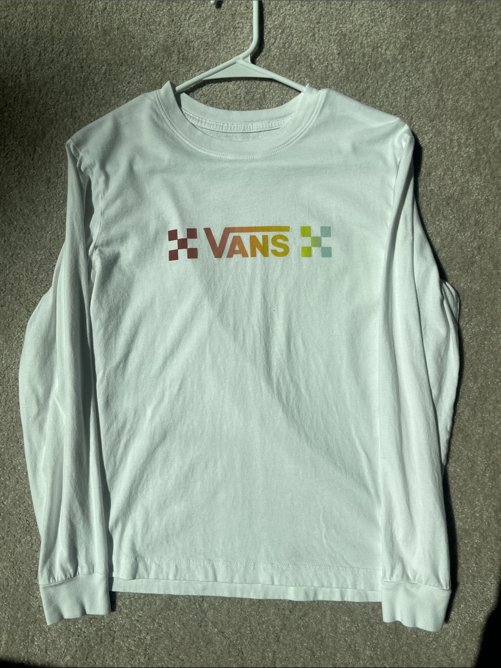 Vans White Long Sleeve Shirt with Rainbow Gradient Checker Logo
